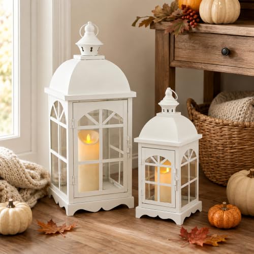TRIROCKS Set of 2 Decorative Vintage Candle Lanterns 14.5"&20" H Farmhouse Outdoor Hanging Lanterns with Tempered Glass for Porch, Balcony, Patio, Home, Centerpieces, Indoor, Outdoor(White) - color: 14.5"h White