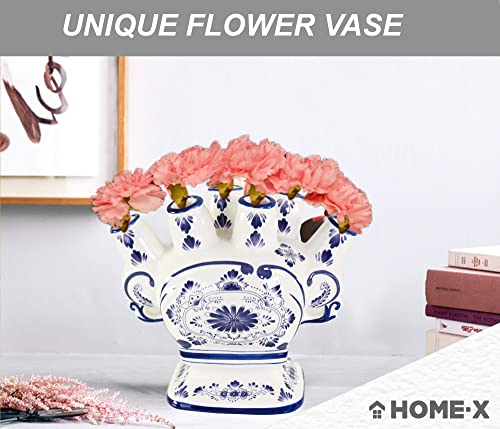 Home-X Ceramic Flower Vase – 6-Port Bud Ivory Vase – Unique Decorative Flower vase for Living Room, Bedroom, Kitchen, or Office (White & Blue)