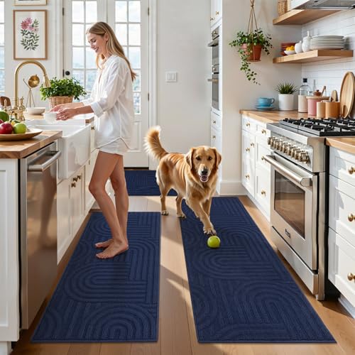 U'Artlines Kitchen Rugs and Mats Set of 3, Blue 20x32+20x48+20x59 - color: Blue