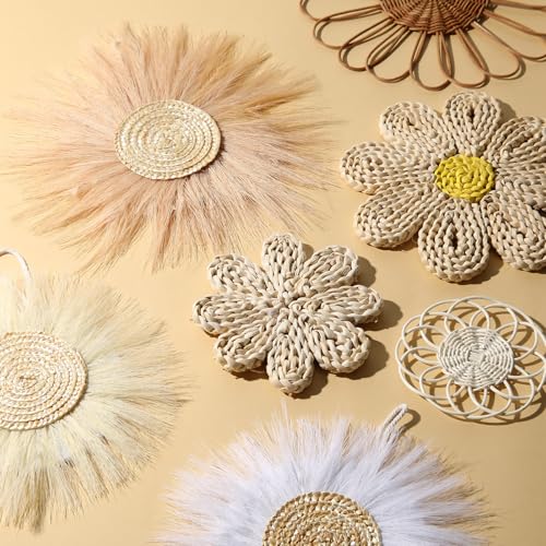 Chunful 7 Pcs Boho Wall Basket Decor Rattan Flower, Light Beige Yellow - color: Light Beige Yellow