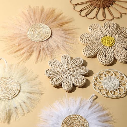 Chunful 7 Pcs Boho Wall Basket Decor Rattan Flower, Light Beige Yellow - color: Light Beige Yellow