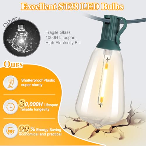 Brightever 50FT Outdoor String Lights 27 Bulbs, Waterproof Patio Lights - color: Green Wire Warm White, size: 50FT