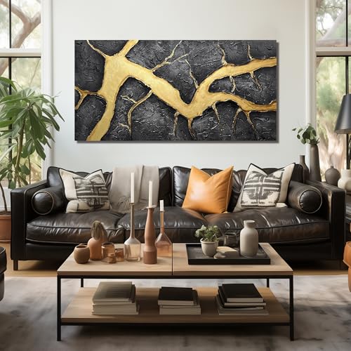 DNIEOTU Hand Painted Abstract Wall Art for Living Room, Black and Gold Canvas Wall-Decor for Bedroom, 3D Textured Paintings for Hallway Office, Large Size 59 x 29 Inches - color: ABSTRACT-55[P], size: 58"L x 29"W