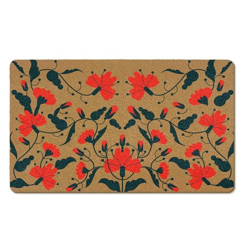 Vintage Traditional Floral Coir Door Mats Outdoor, Folk Art Flower Front Door Mat Outside Entrance, Symmetrical Floral Doormat Outdoor Indoor Entrance for Kitchen Living Room Decor, 17x30in