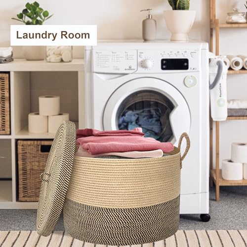 XXXXL Extra Large blanket basket with lid 21"x21"x18" blanket storage for living room,Large woven storage basket round laundry basket rope basket 115L (Jute&Black) - color: Jute&Black