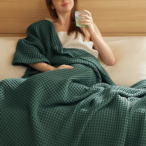Bedsure Lightweight 100% Cotton Waffle Blanket, Queen, Dark Green - color: Dark Green, size: Queen (90" X 90")