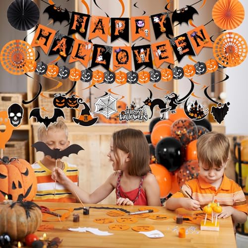 Happy Halloween Trick or Treat Banner Paper Fan Balloons & Swirl Streamers Goul Bat Cat Bird Ghost Pumpkin Lantern for Party Decorations