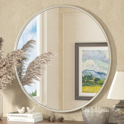 TETOTE Round Mirror 36 inch Brushed Nickel for Living Room, Bedroom, Vanity, Entryway - size: 36"L x 36"W