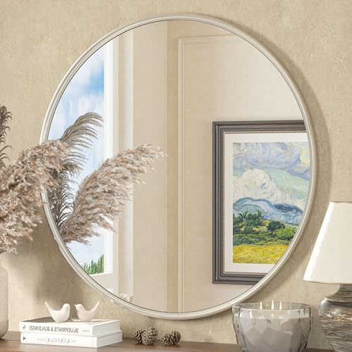 TETOTE Round Mirror 36 inch Brushed Nickel for Living Room, Bedroom, Vanity, Entryway - size: 36"L x 36"W