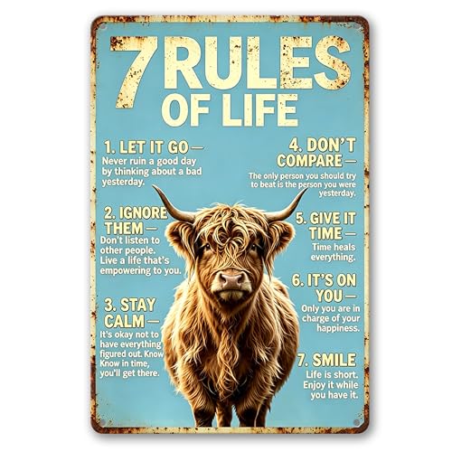 Inspirational 7 Rules Of Life Fluffy Highland Cow Design,Durable Rustproof Aluminum Wall Sign,Shabby Chic Kitchen Bedroom Accent, Uplifting Present Plaque 8x12 Inch - color: M2030-Cow1-6