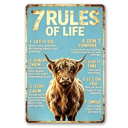 Inspirational 7 Rules Of Life Fluffy Highland Cow Design,Durable Rustproof Aluminum Wall Sign,Shabby Chic Kitchen Bedroom Accent, Uplifting Present Plaque 8x12 Inch - color: M2030-Cow1-6