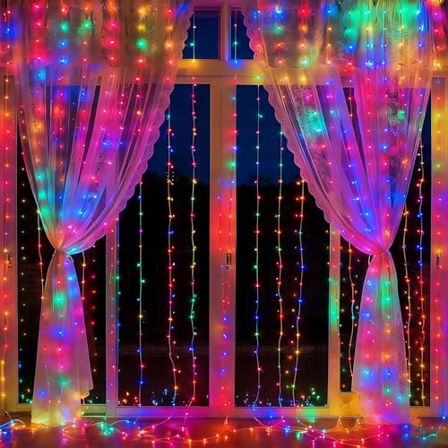 300LED Fairy Curtain Lights 9.8ft x 9.8ft LED Dimmable Twinkle Lights - color: Multicolor