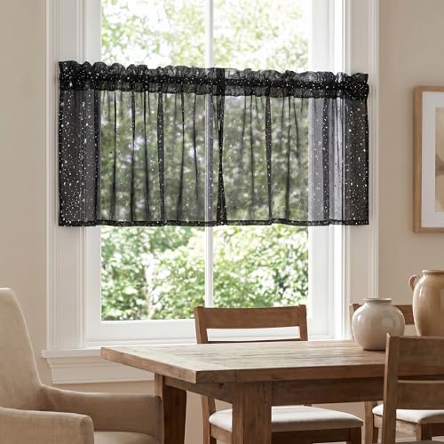Horaldaily 2Pcs Black Sheer Valance 52x14in, Silver Sequin Star, Halloween - color: Black and Sliver, size: 52"W x 14"L (Pack of 2)