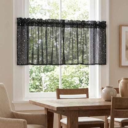 Horaldaily 2Pcs Black Sheer Valance 52x14in, Silver Sequin Star, Halloween - color: Black and Sliver, size: 52"W x 14"L (Pack of 2)