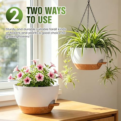 10 Inch Self-Watering Hanging Planters Set of 3 with Saucers - color: White Brown, size: 10 Inch 3 Pack