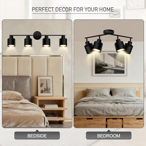 4-Light Led Track Lighting,Black Ceiling Lighting Fixtures,Wall Sconces Ceiling Spotlight with Foldable Light Arms for Kitchen, Closet, Bedroom,GU10 Socket, Bulbs Not Included - color: 4 light Black