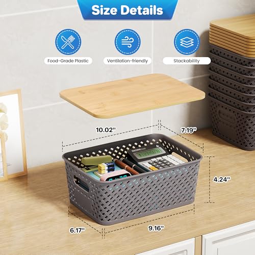 Anysig 8 Pack Plastic Storage Bins with Bamboo Lids, 5.2 QT Stackable Bins - color: Gray