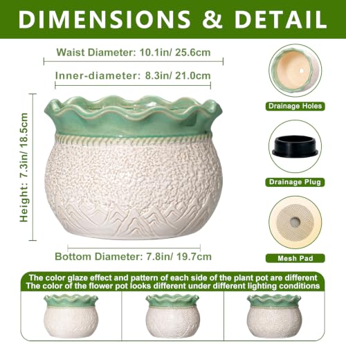 10 Inch Planter, Ceramic Indoor Plant Pots, White-Green - color: White-green, size: 10 Inch