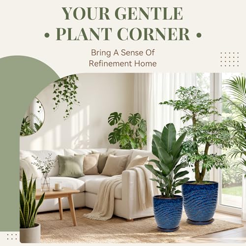11.8 Inch Modern Ceramic Plant Pot with Saucer, Flower Pot with Drainage Hole Mesh Net,Indoor Outdoor Planter (Speckle Blue) - color: Peacock Blue, size: 11.8 Inch