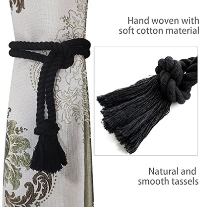 8 Pack Curtain tiebacks Rope, Outdoor Curtain Tiebacks, Natural Cotton Curtain Ties, Village Rural Rustic Farmhouse Curtain Holdbacks Curtain tie Backs Holders for Heavy Duty Drapes, Black - color: Black Rope-l 8 Pack