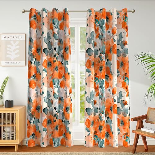 weesire 2 Pack 52x63 Inch Boho Floral Blackout Curtains, Orange Floral Pattern, Living Room & Bedroom - color: Orange Floral, size: 52"W x 63"L (Pack of 2)