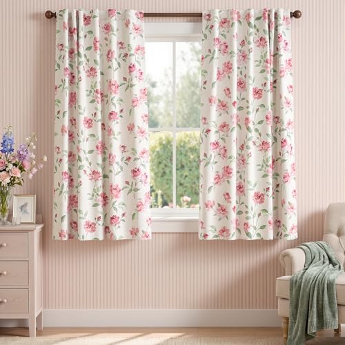 jinchan Pink Floral Blackout Curtains 63 Inch Vintage Rod Pocket 2 Panels - color: Rose, size: 52"W x 63"L (Pack of 2)