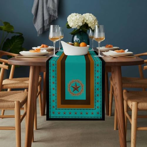 Western Texas Stars Retro Table Runner 36 Inches Long,Rustic Wheat Ears Blue Cotton Linen Table Runners Dresser Scarves,Farmhouse Fabric Tabletop Scarf Furniture Cover for Home Dinner Party 13"x36" - color: Blue Green, size: 13x36 Inches