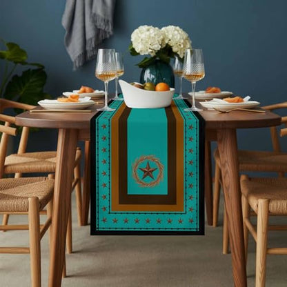 Western Texas Stars Retro Table Runner 36 Inches Long,Rustic Wheat Ears Blue Cotton Linen Table Runners Dresser Scarves,Farmhouse Fabric Tabletop Scarf Furniture Cover for Home Dinner Party 13"x36" - color: Blue Green, size: 13x36 Inches
