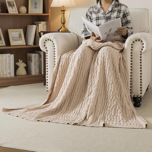 WDCOZY Cable Knit Throw Blanket – Super Soft, Warm & Lightweight Knitted Jacquard Throw Blanket for Couch, Sofa, Bed, Chair, Cozy Texture Farmhouse Decorative Home Blanket, Beige 50x60 inches - color: Beige, size: Throw (50" x 60")