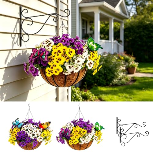 2 Sets Artificial Hanging Baskets with Pansy Flowers, 24 Pcs Faux Silk Pansy, Outdoor Hanging Flower for Porch Patio Garden Home, Wall Hook for 2 Plant Hanger Bracket (2, Yellow, Creamy, Lavender) - color: Yellow, Creamy, Lavender