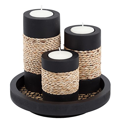 IYARA CRAFT Candleholder Set with Tray, Set of 3 Rustic Black Wooden Tealight Candle Holders with Natural Rope Accent, Coffee Table Centerpiece, Farmhouse Home Decor, Housewarming