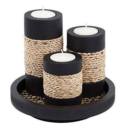IYARA CRAFT Candleholder Set with Tray, Set of 3 Rustic Black Wooden Tealight Candle Holders with Natural Rope Accent, Coffee Table Centerpiece, Farmhouse Home Decor, Housewarming