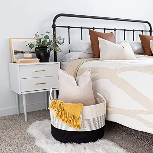 OrganiHaus Round Toy Basket & Blanket Basket, Cotton Rope 20x13" - color: 3-toned Black, size: Wide