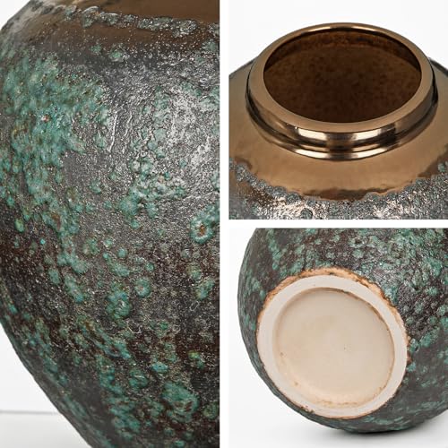 Ceramic Flower Vase, Rustic Farmhouse Flower Vase with Bronze Rim