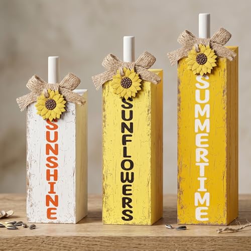 MiniInflat 3 Pcs Sunflower Table Decor, August Wooden Block Sign Decoration - style: Sunflower