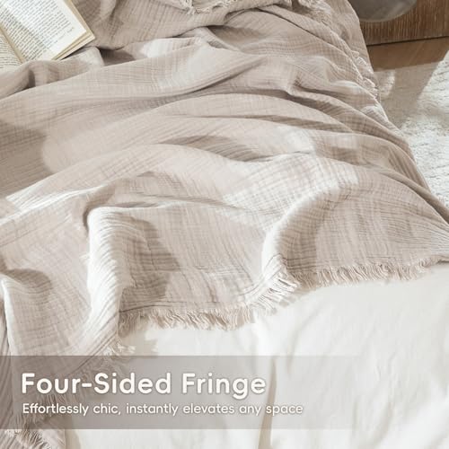 MooMee 100% Cotton Muslin Blanket Fringed 4-Layer Gauze Bed Throw, King - color: Cream Grey, size: King