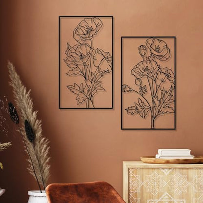 Therwen 3 Pcs Black Metal Wall Art Minimalist Wall Decor for Bedroom Flowers Decor Hanging Flower Bathroom Art Flower Line Sculpture Kitchen Decoration 16.5 x 9.8 Inch - style: Chic Style