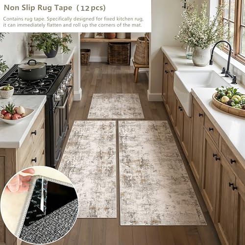 Washable Brown Grey Neutral Kitchen Runner Rug Set of 3 - color: Abstract | Brown Grey, size: 20"x32"+20"x48"+30"x50"