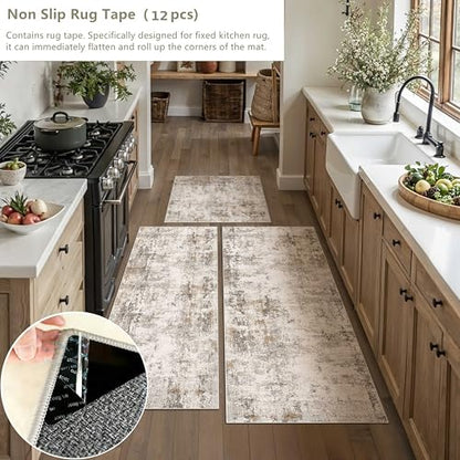 Washable Brown Grey Neutral Kitchen Runner Rug Set of 3 - color: Abstract | Brown Grey, size: 20"x32"+20"x48"+30"x50"