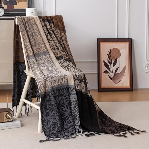 Boho Throw Blanket, Chenille Jacquard Tassels Throw Blankets for Bed Couch Soft Chair， Bohemian Fringe Tassels (Black, Large 86 * 102Inches) - color: Mocha Noir, size: 87" x 102"