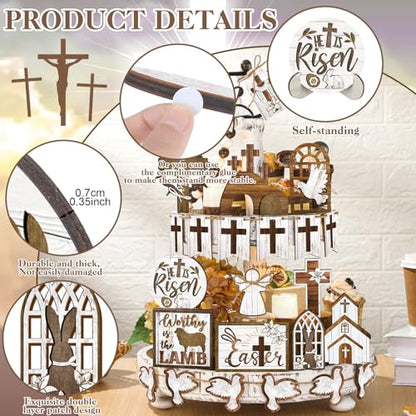 Amyhill 31 Pcs Religious Easter Tiered Tray Decor Christian Easter Decorations He is Risen Christian Wooden Signs Farmhouse Cross Lily Dove Table Decor for Home Kitchen Shelf Coffee Bar - style: Brown Easter