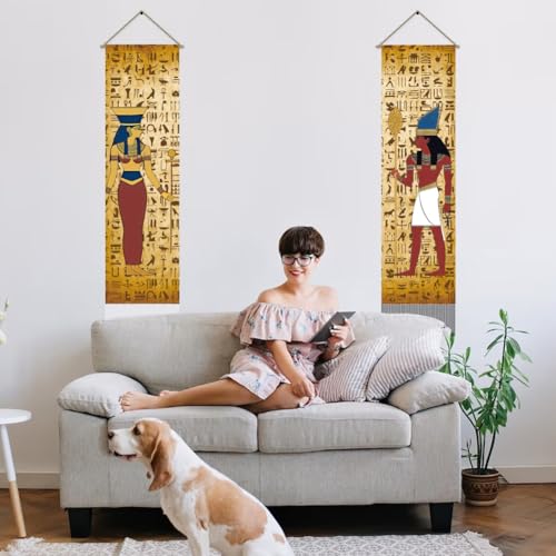 AHANDMAKER 2Pcs Egypt Hieroglyphic Tapestry, Ancient Egypt Hieroglyphic Vertical Wall Hanging, Egypt Theme Tassel Wall Tapestries Mystic Aesthetic Tapestry for Bedroom Living Room(45.7x13 Inch) - color: Egyptian