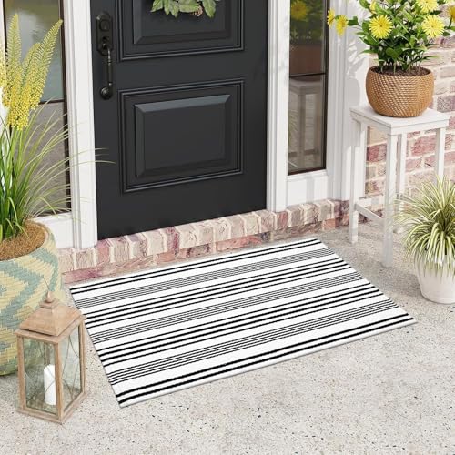LEEVAN 2.3'X3.6' Black and White Striped Woven Reversible Outdoor Rug - color: 1white Strip, size: 2'3" x 3'6"