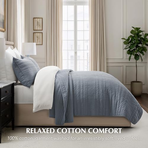 EVERGRACEHOME 100% Cotton Modern Lines Quilt Set King Size, Smoky Blue - color: Smoky Blue, size: King (108" X 92")