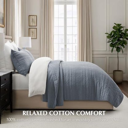 EVERGRACEHOME 100% Cotton Modern Lines Quilt Set King Size, Smoky Blue - color: Smoky Blue, size: King (108" X 92")