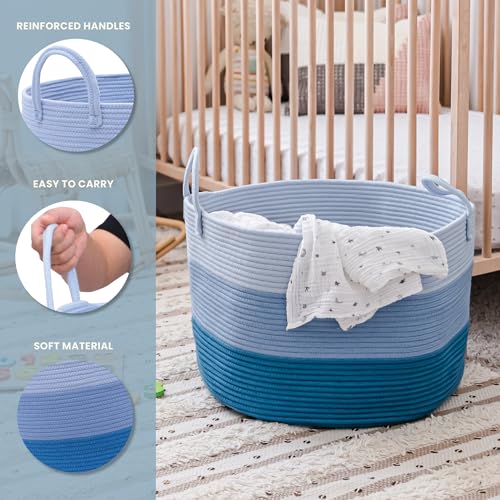 OrganiHaus Round Toy Basket & Blanket Basket, Cotton Rope 20x13" - color: 3-toned Blue, size: Wide