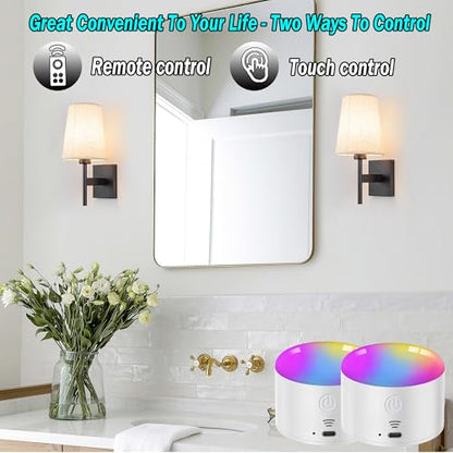 YHCDLAMP Battery Operated Wall Sconces Set of Two,Battery Operated Wall Lights with Remote, Fabric RGB Color Changing Dimmable Wall Lamp for Bedroom Living Room, Easy to Install (Color : Black) - color: Black