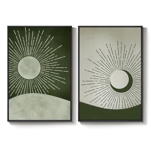 Large Framed Green Boho Abstract Canvas Wall Art for Living Room, 24x36 In - color: Neutral Green, size: 24" W x 36" H x 2Pcs