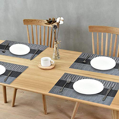 GIVERARE Placemats Set of 4, Heat-Resistant Woven Vinyl Placemat, Non-Slip Washable PVC Table Mat, Easy to Clean Premium Plastic Mats for Dining, Kitchen Table (Black+Gray) - color: Black+gray