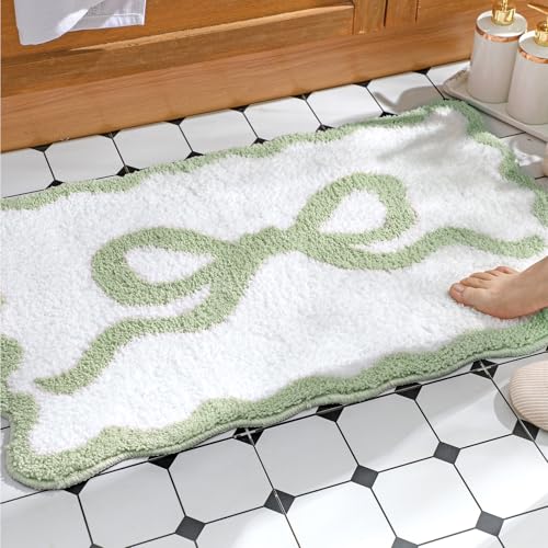 Tinideya Sage Green Bow Bathroom Rug 16" x 24" Scalloped Bow Bath Mat - color: Sage Green, size: 16" x 24" (Rectangular)